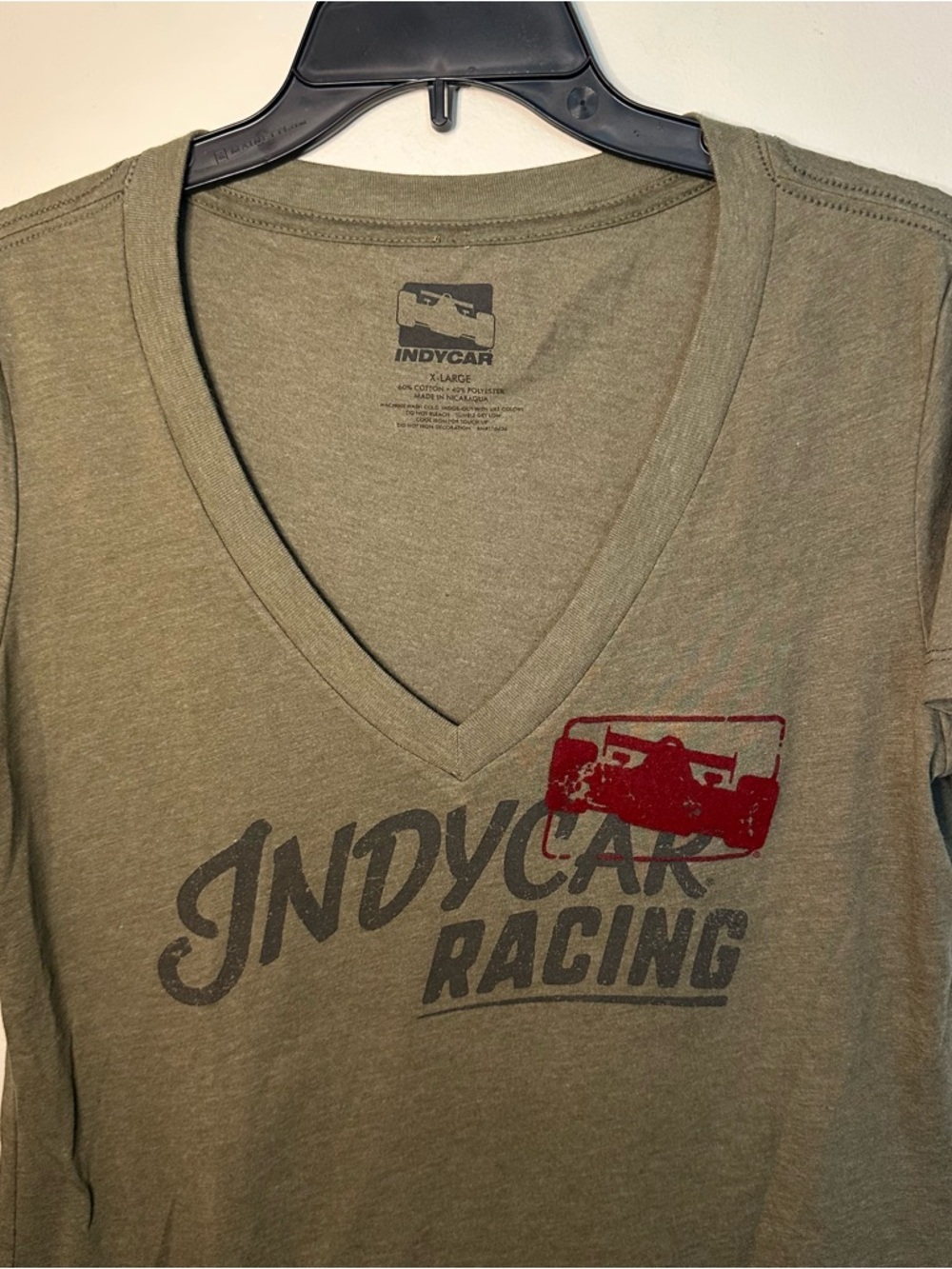 Indycar Racing Womens XL Olive Green V-Neck Velvet Textured Graphic T-Shirt - Picture 2 of 13